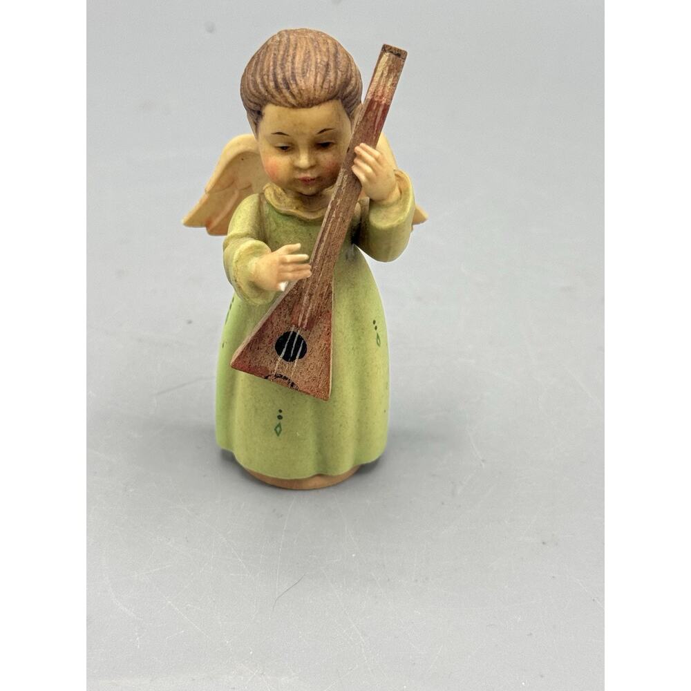 Vintage Wooden Angel Musician Figurine Hand Carved Green Dress Lute Figure 3in